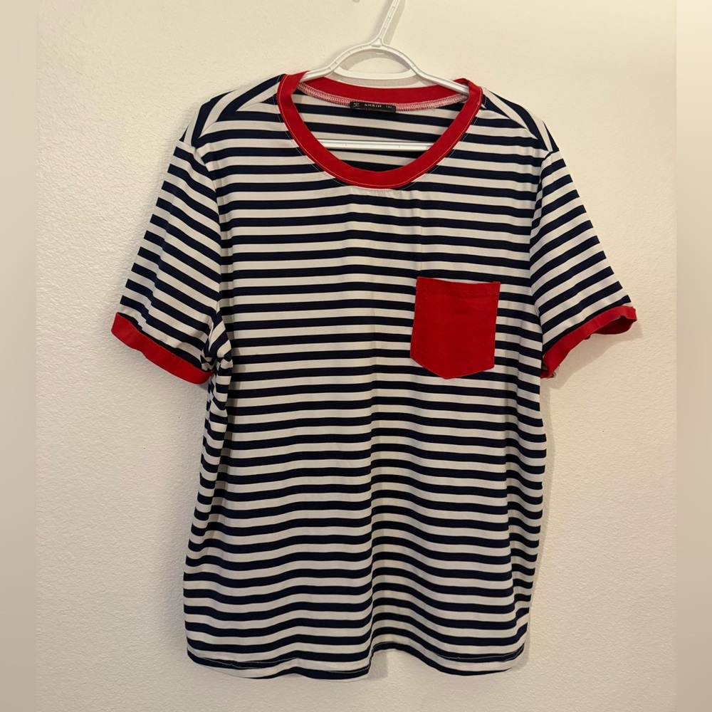 SHEIN Navy and White Striped Top with Red Trim